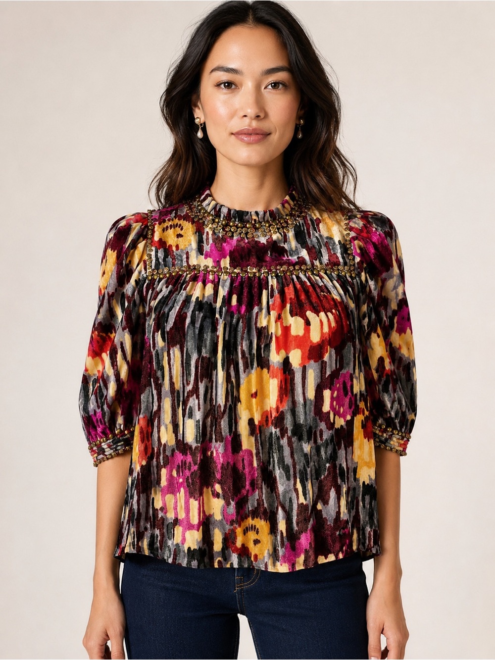 ULLA JOHNSON Size 2 Multi Color Velour Abstract Floral Beaded Blouse Boho